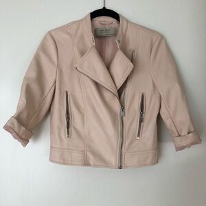 Pink cropped faux leather moto jacket
